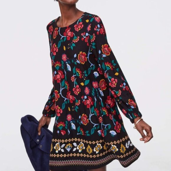 LOFT Dresses & Skirts - LOFT Swing Dress Stained Glass Floral Boho Colorful NWT Long Sleeve Size XS